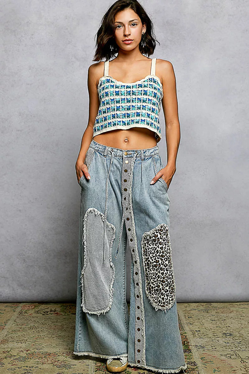 Cedar & Moore POL Cropped Crochet Cami with Scalloped Edge, blue and white crochet top