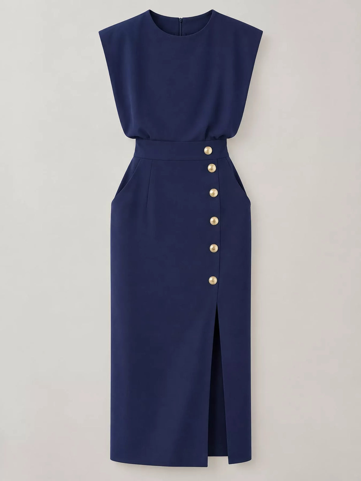Navy sleeveless midi dress with gold buttons and long front side slit
