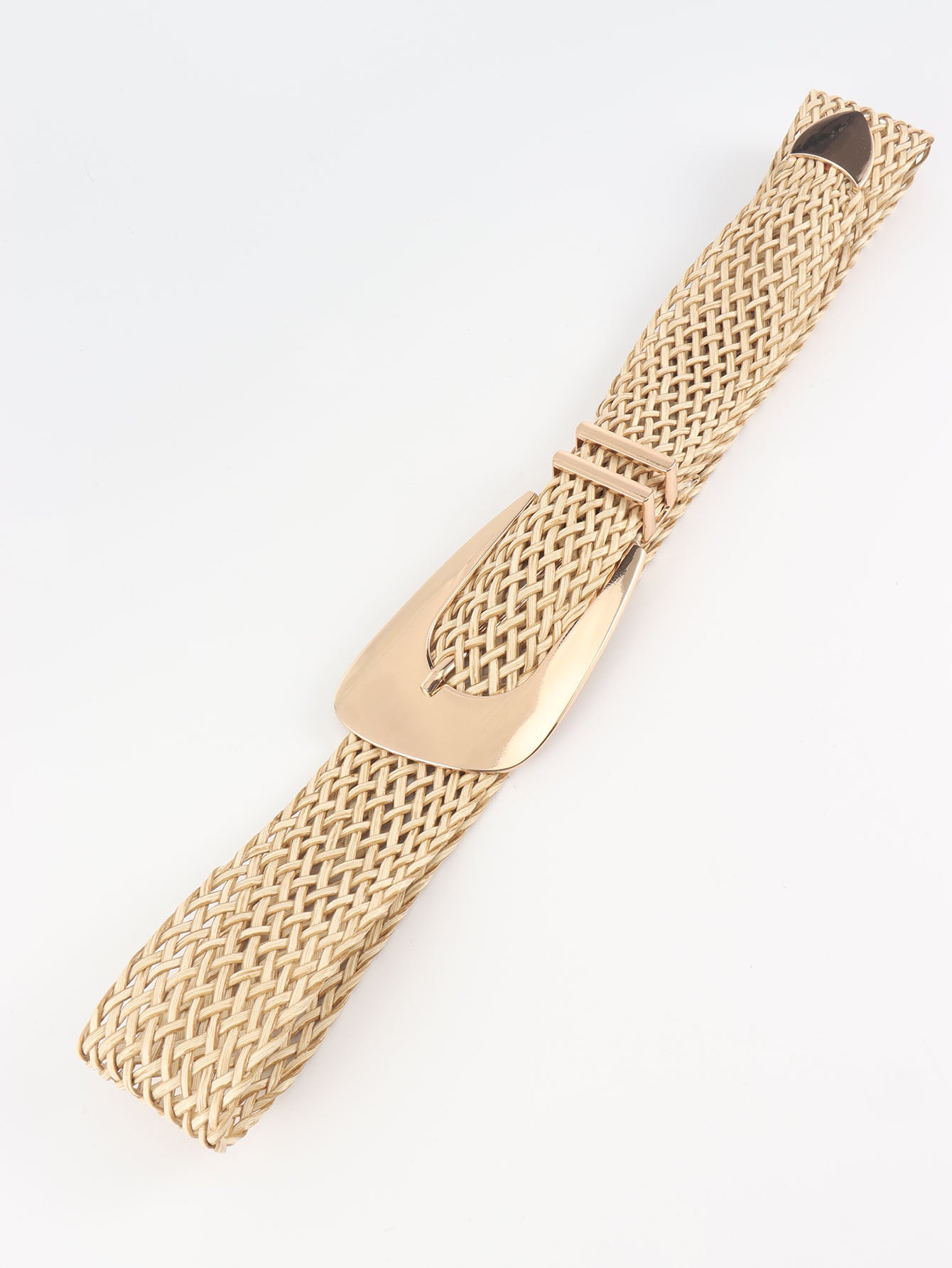 Camel braided belt with irregular gold-tone buckle at the end