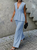 Light blue one-button peplum V-neck top and wide-leg pants set, sleeveless
