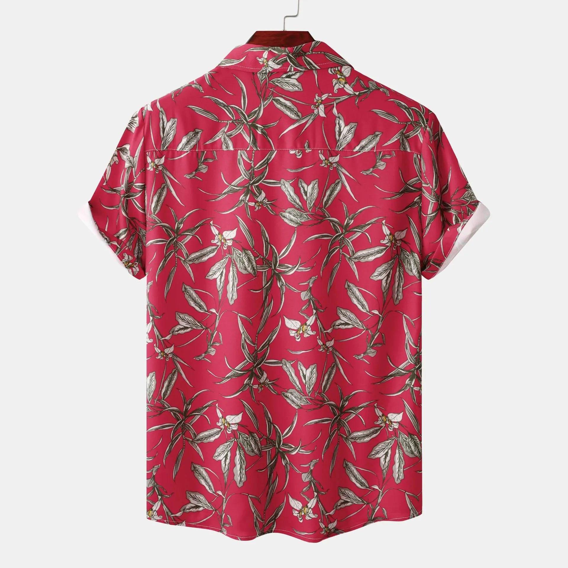 Men's scarlet tropical floral short sleeve button-up shirt, back view with allover print