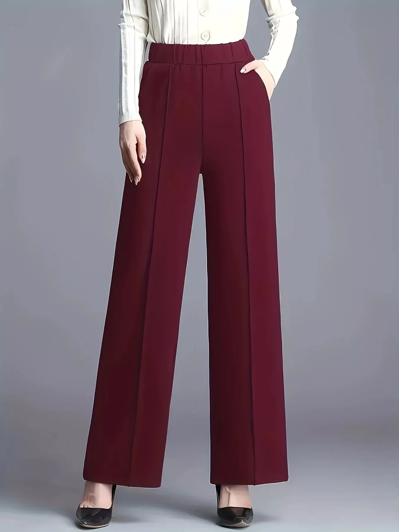 High-waisted wide-leg pants in burgundy, wide straight legs with smooth front and pleat-free look