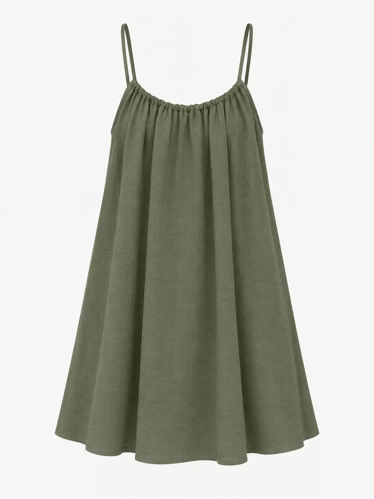 Olive green spaghetti strap ruched mini dress with gathered neckline and pleated skirt