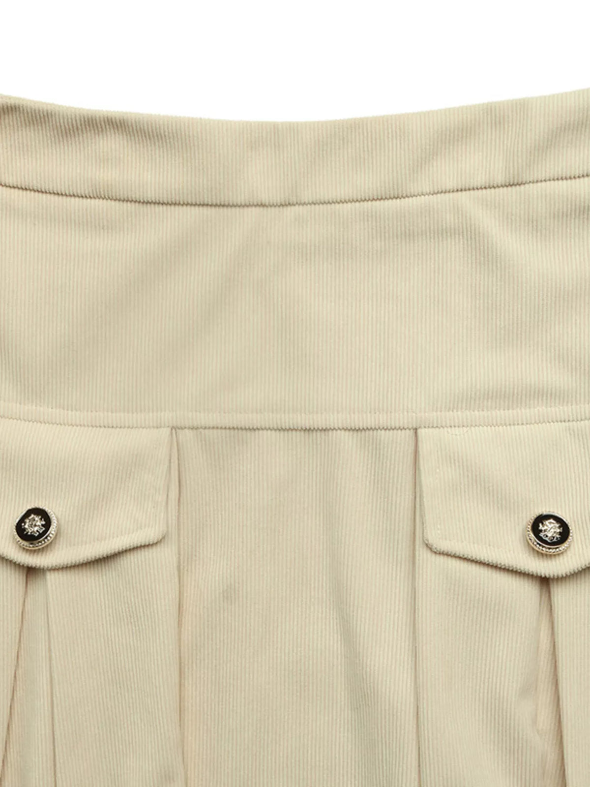 Khaki high-waist pleated midi skirt with waistband button detail