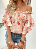 Floral print pink off-shoulder blouse with layered ruffle sleeves.