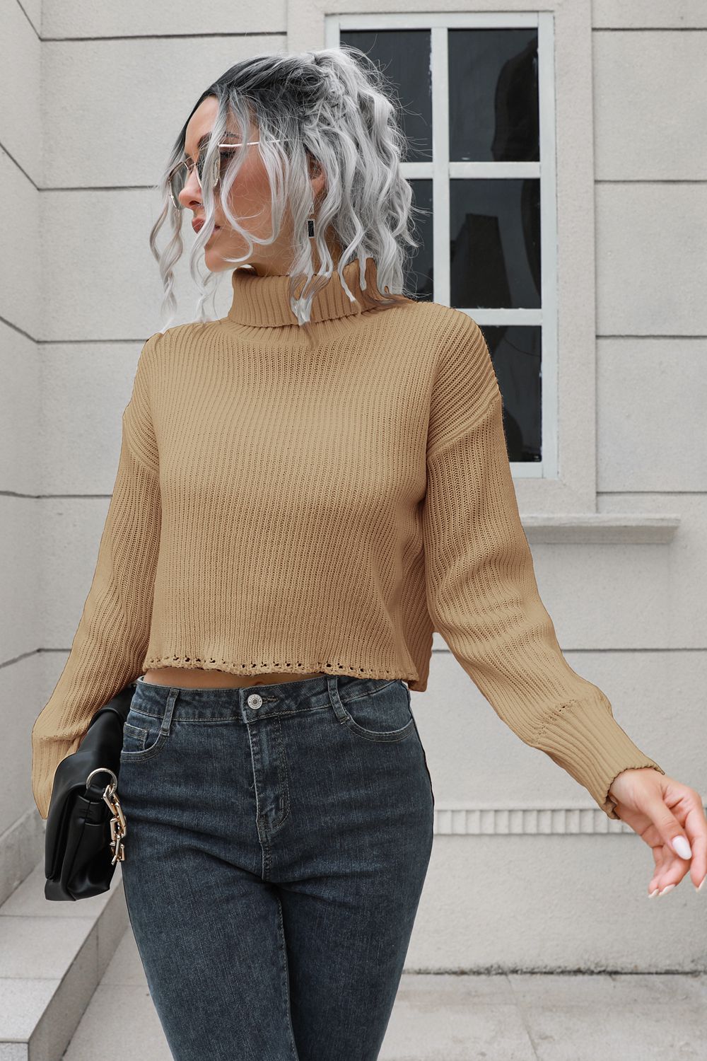 Camel turtleneck dropped-shoulder sweater, back view, ribbed knit, long sleeves.