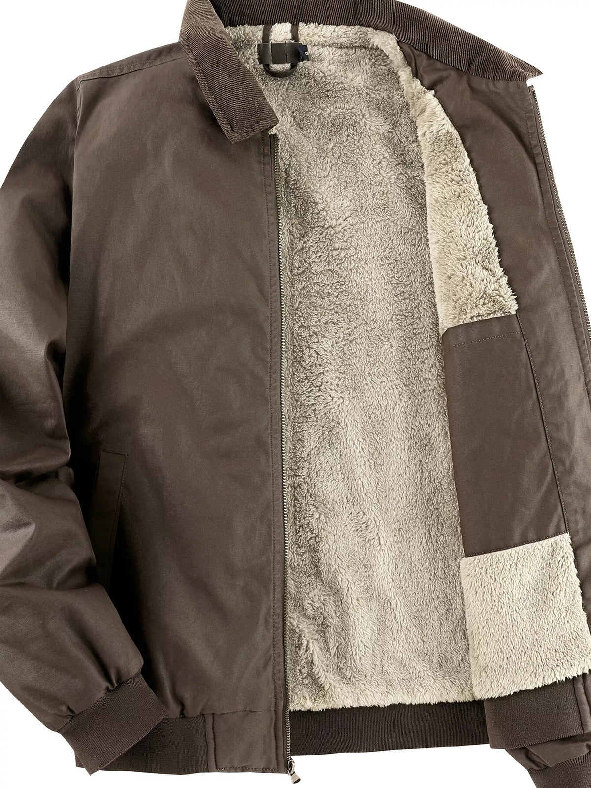 Men's sherpa-lined zip-up jacket with sherpa interior, chest pocket, and side pockets, dark brown.