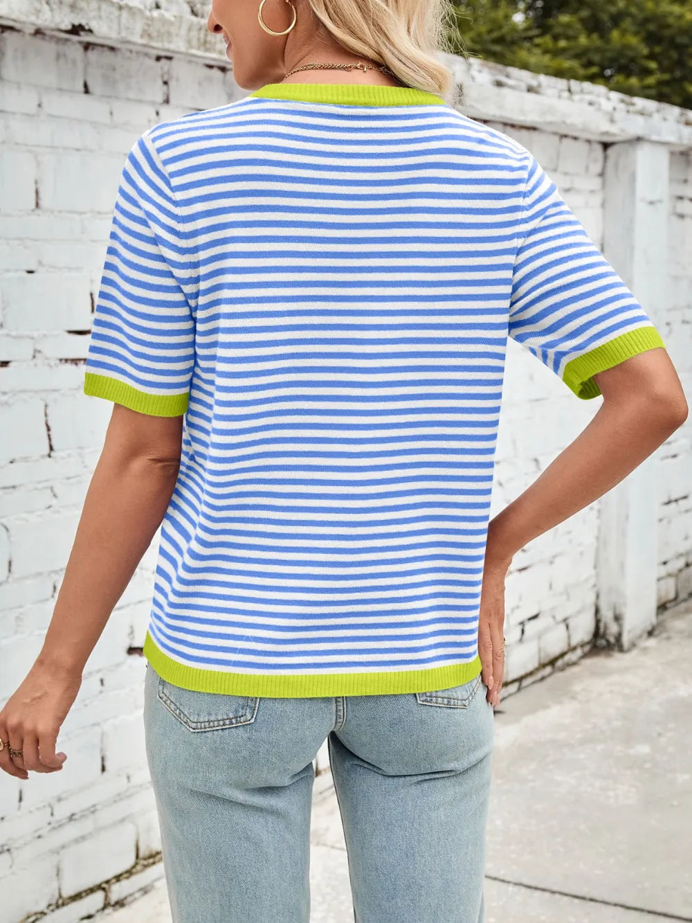 Striped knit top back in blue-and-white with lime-green contrast ribbed hem
