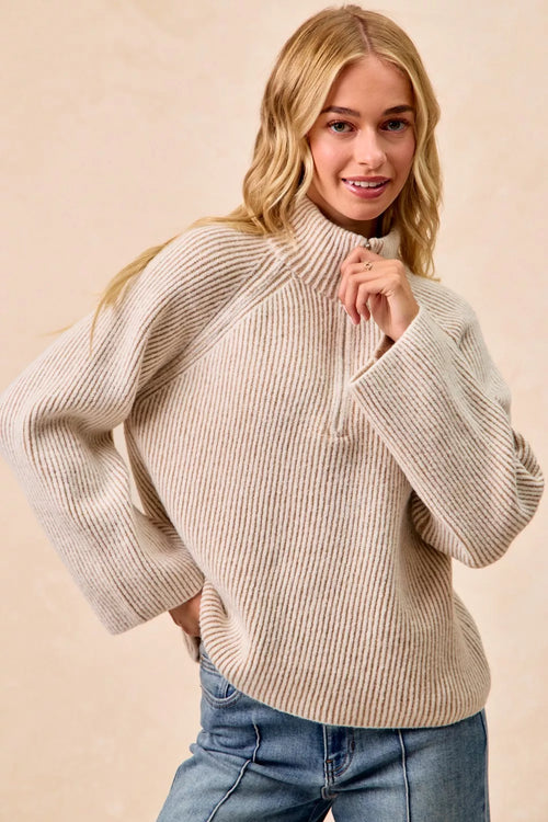 Light taupe two-tone ribbed knit zip collared top, relaxed dolman sleeves