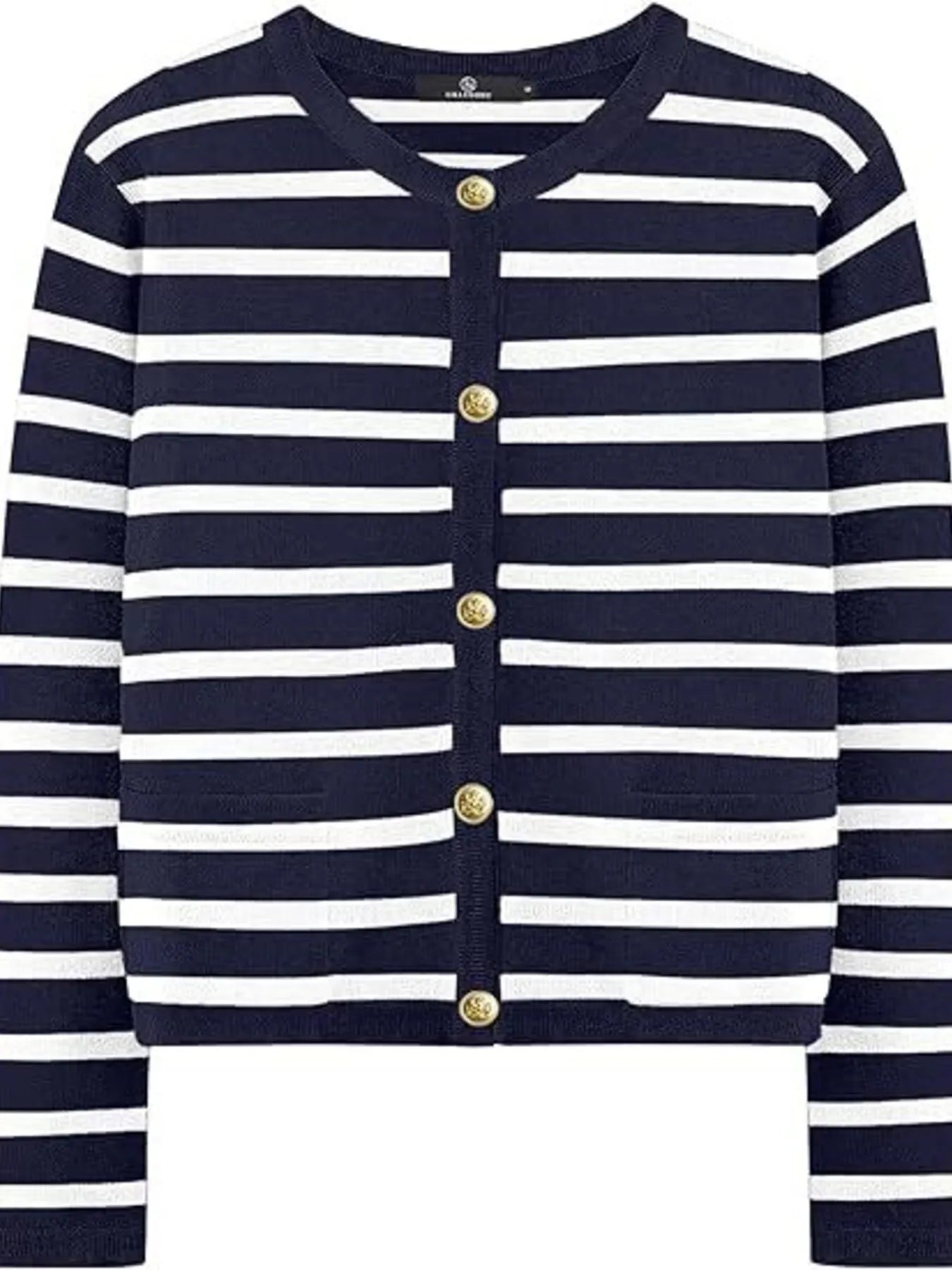 Navy-and-white striped button-up cardigan top with V-neck and gold button details