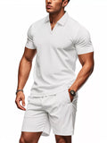 Mens textured short-sleeve polo and matching shorts set, white with subtle texture