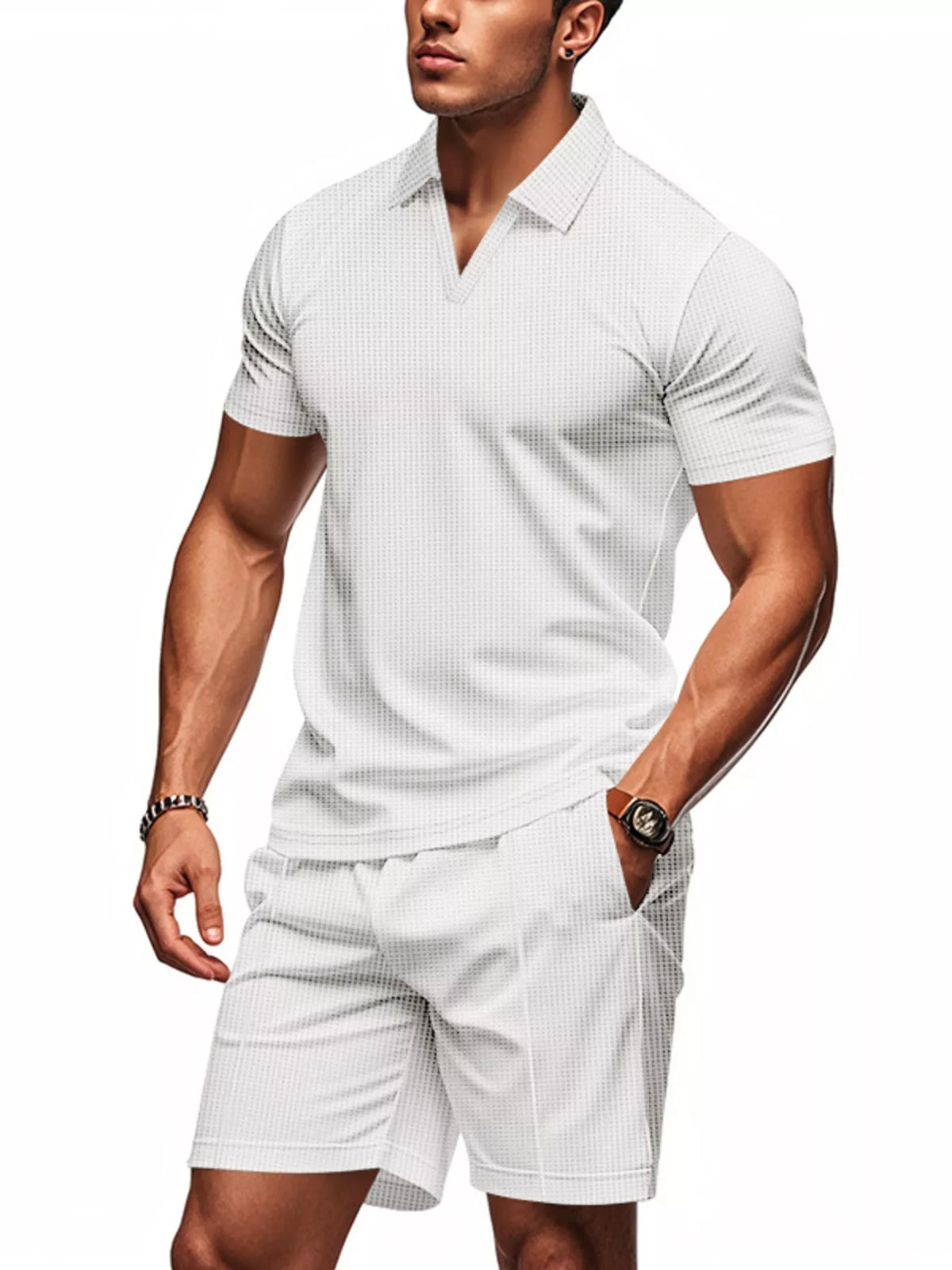 Mens textured short-sleeve polo and matching shorts set, white with subtle texture