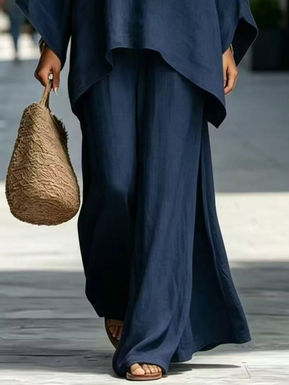 Navy wide-leg pants with batwing tunic top set