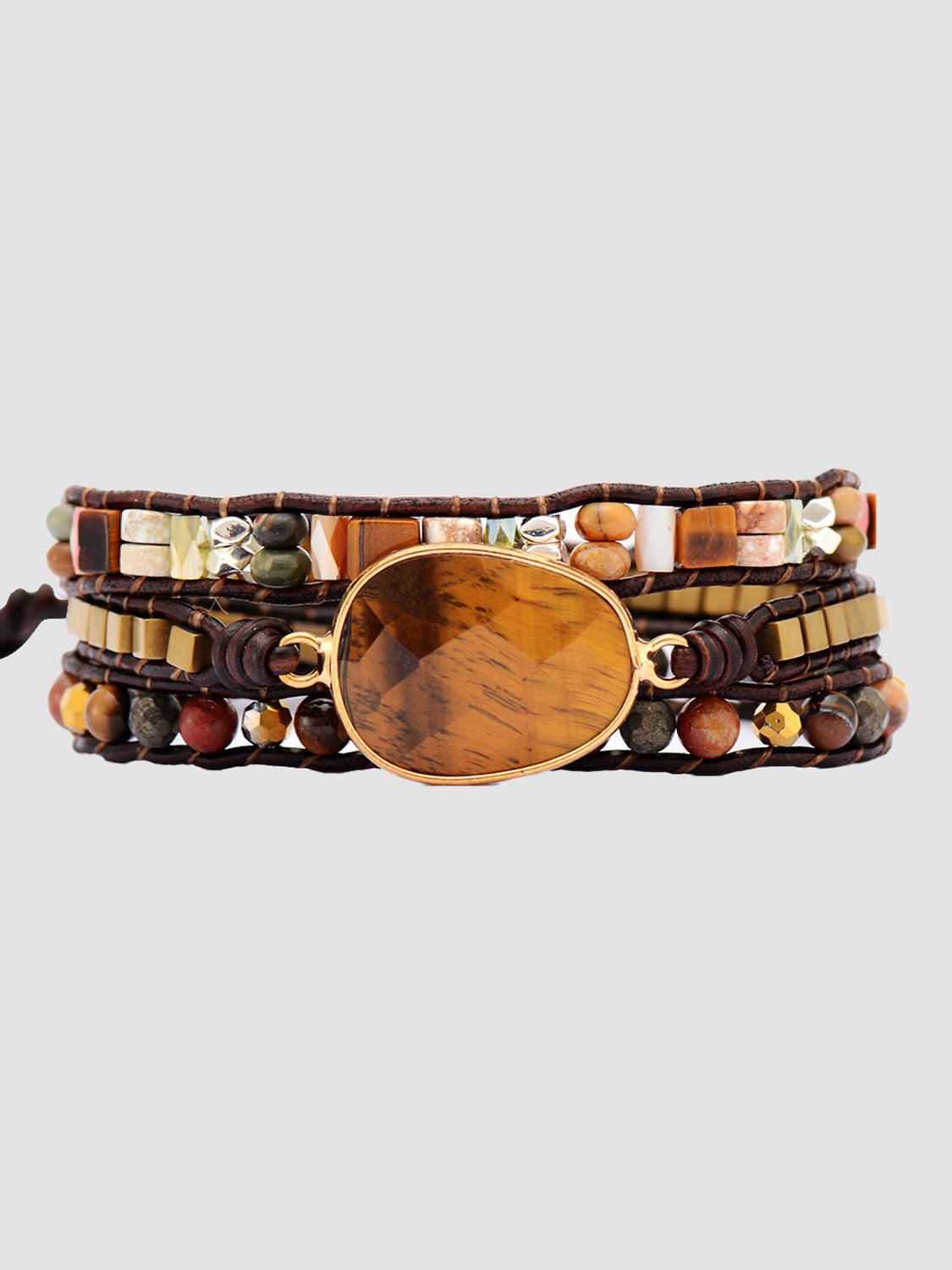 Triple-layer wrap bracelet with oval wood center and geometric bead trim