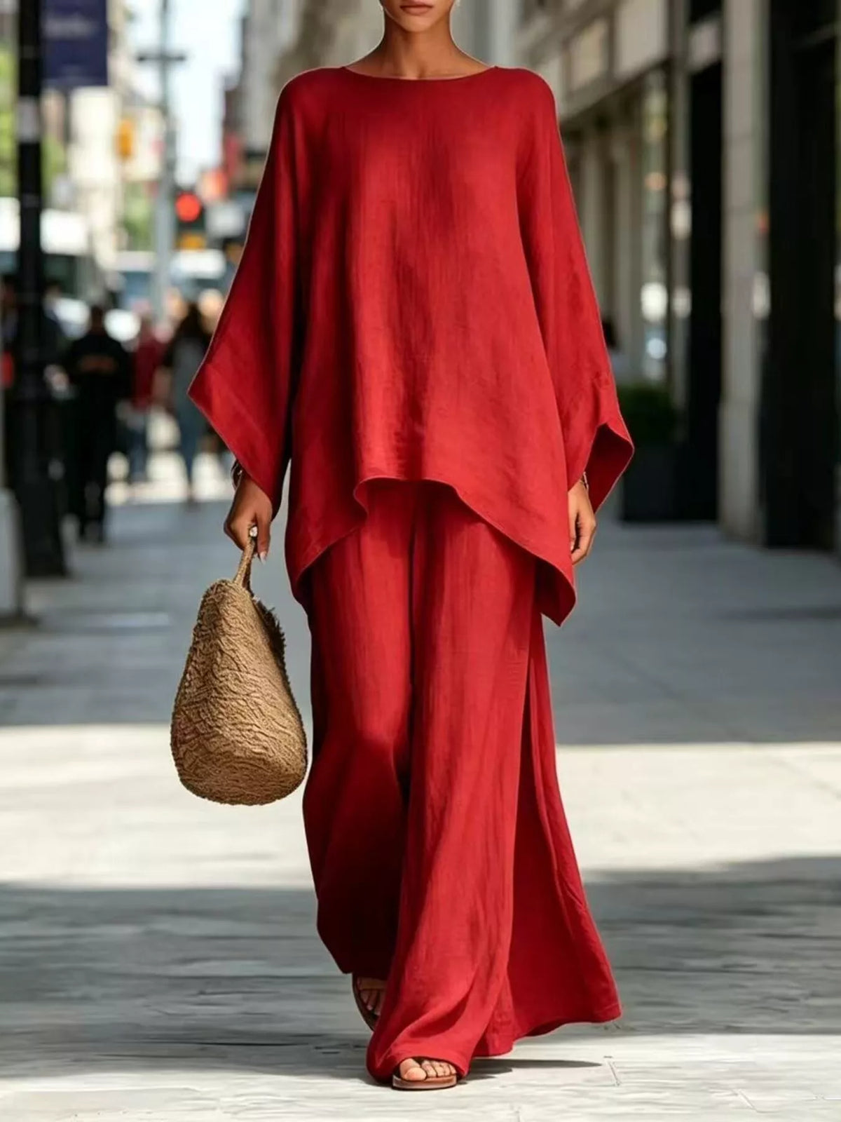 Red batwing tunic top and wide-leg pants set