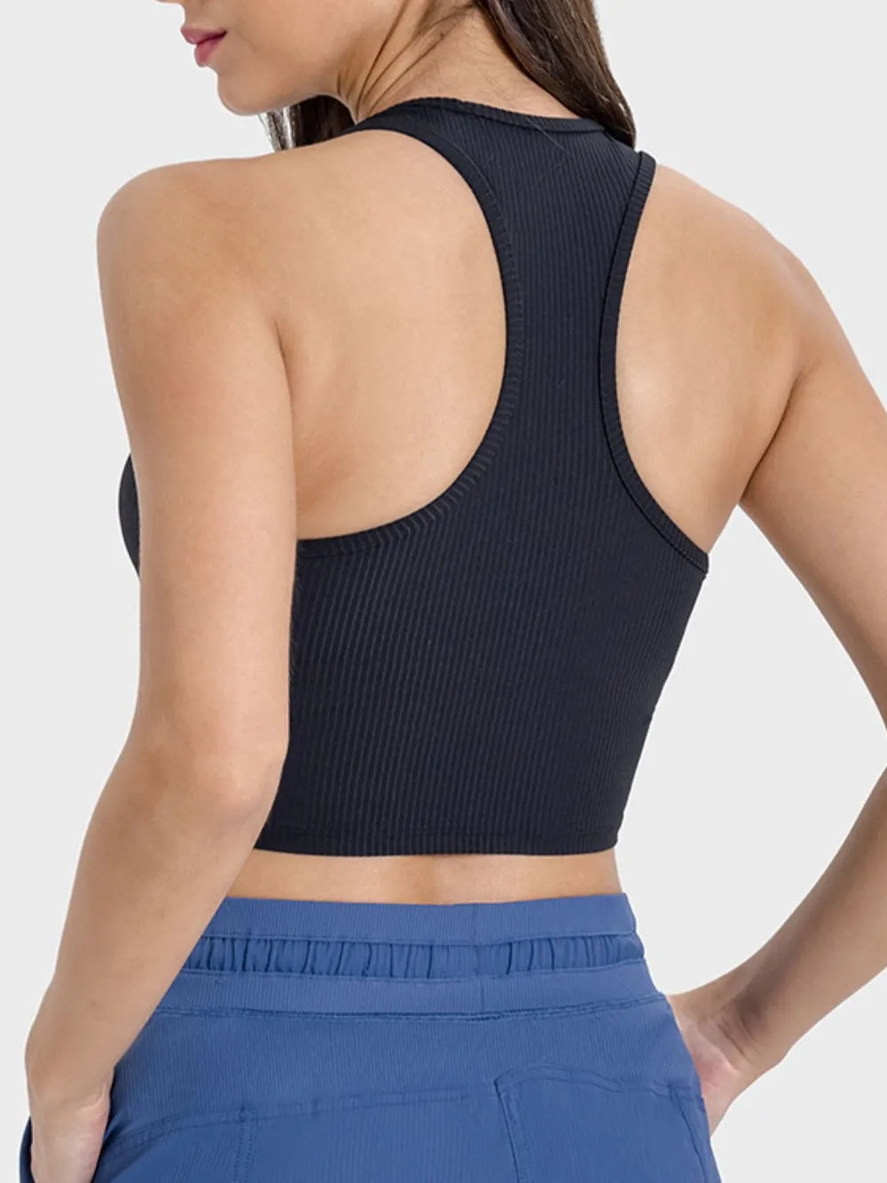 Scoop neck wide-strap active tank, dark ribbed knit racerback back view