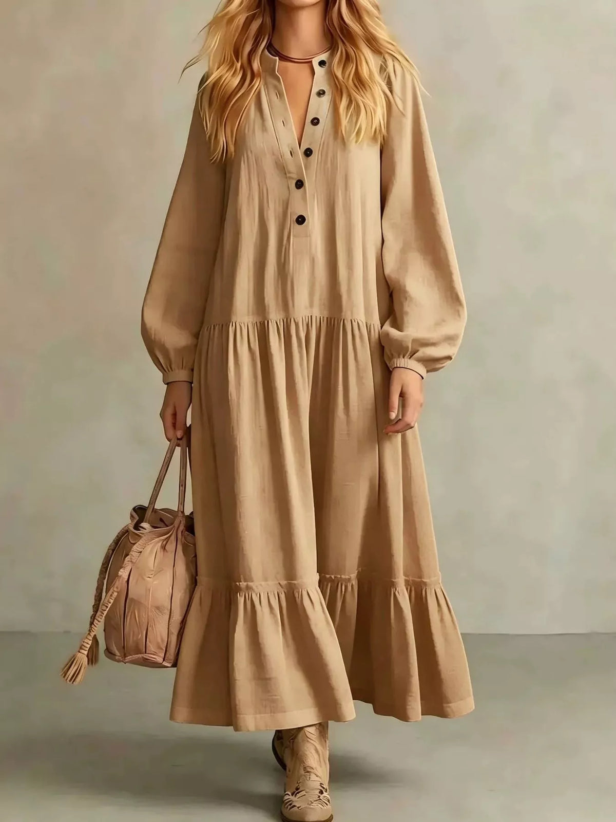 Khaki tiered button-front maxi dress with long puff sleeves and V-neck placket