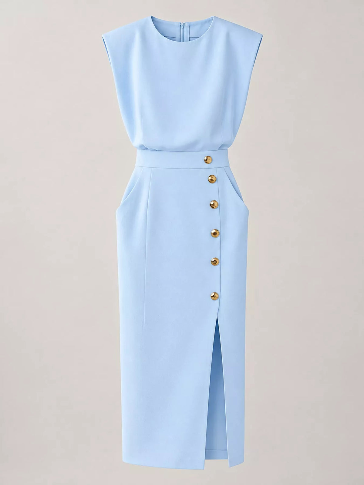 Light blue sleeveless midi dress front view with gold buttons and side slit