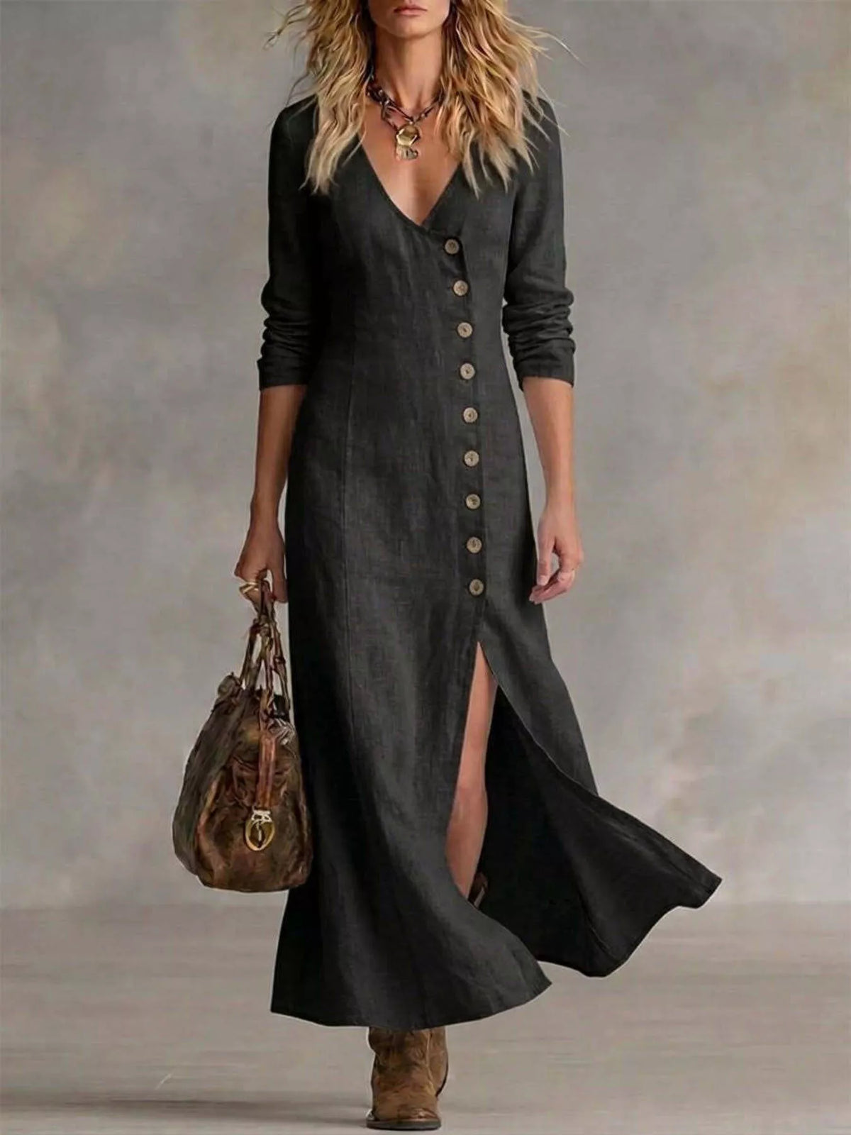 Women’s black button-front midi dress with V-neck and side slit