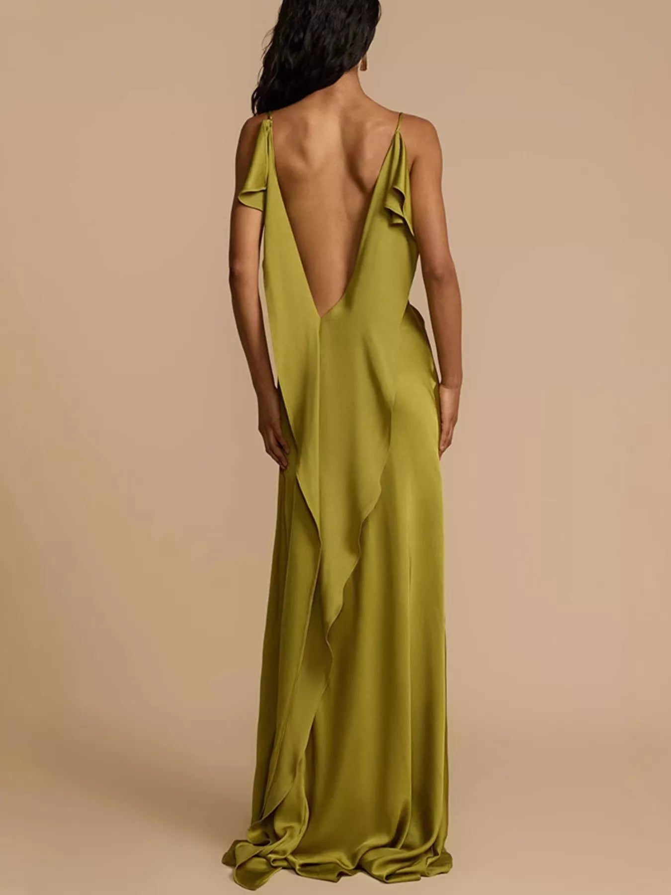 Cedar & Moore Satin Cowl Neck Slit Maxi Dress in olive green with a low-back design