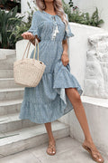 Light blue printed flounce sleeve dress with tassel-tie front and tiered skirt