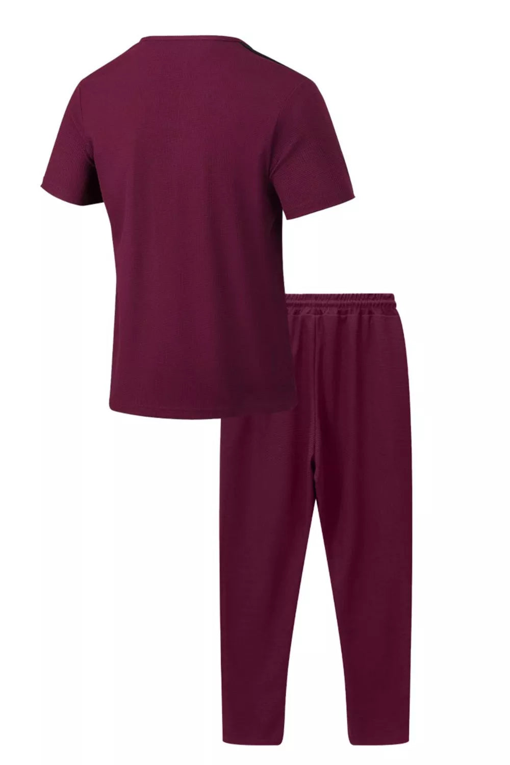 Men's casual two-piece pants set in burgundy: short-sleeve shirt and matching tapered pants