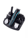 Rechargeable cordless hair clipper trim kit with blue accents and charging stand