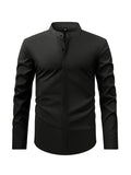 Men's stand-collar button-down shirt with long sleeves, black