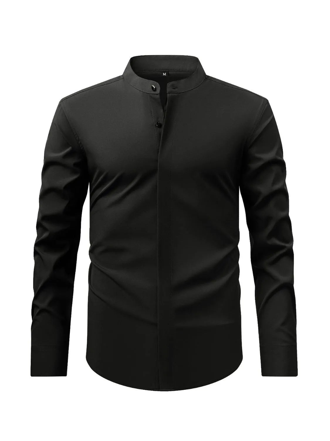 Men's stand-collar button-down shirt with long sleeves, black