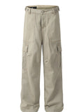 Khaki wide-leg cargo jeans with button waist and side cargo pockets