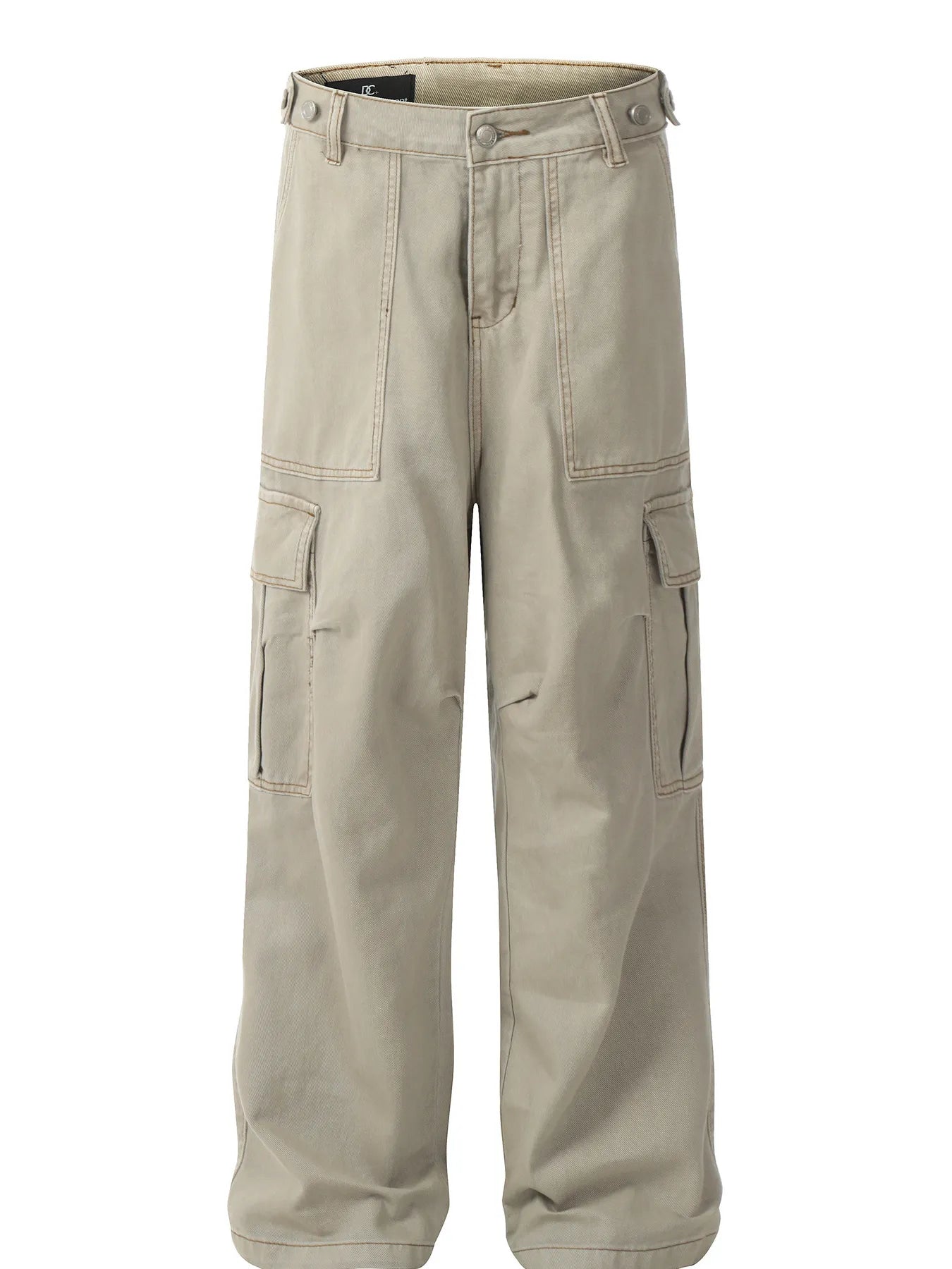 Khaki wide-leg cargo jeans with button waist and side cargo pockets