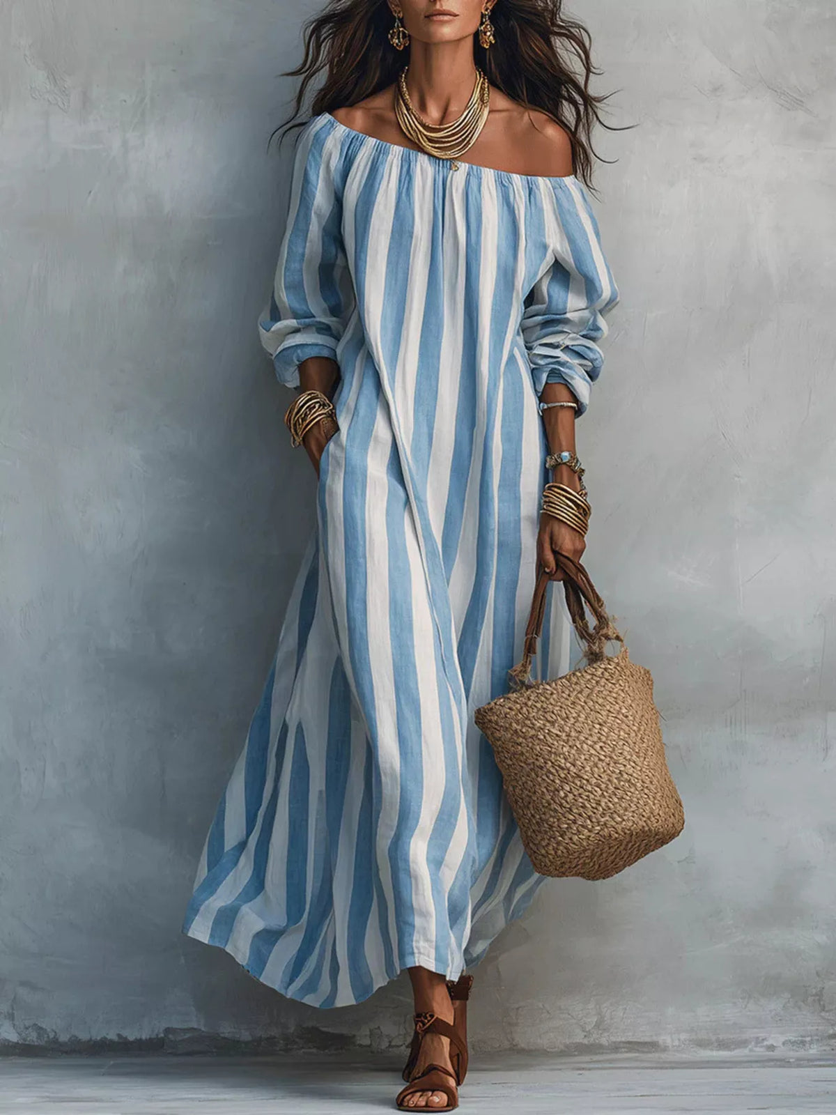 Sky blue and white striped off-shoulder maxi dress with long sleeves and maxi length