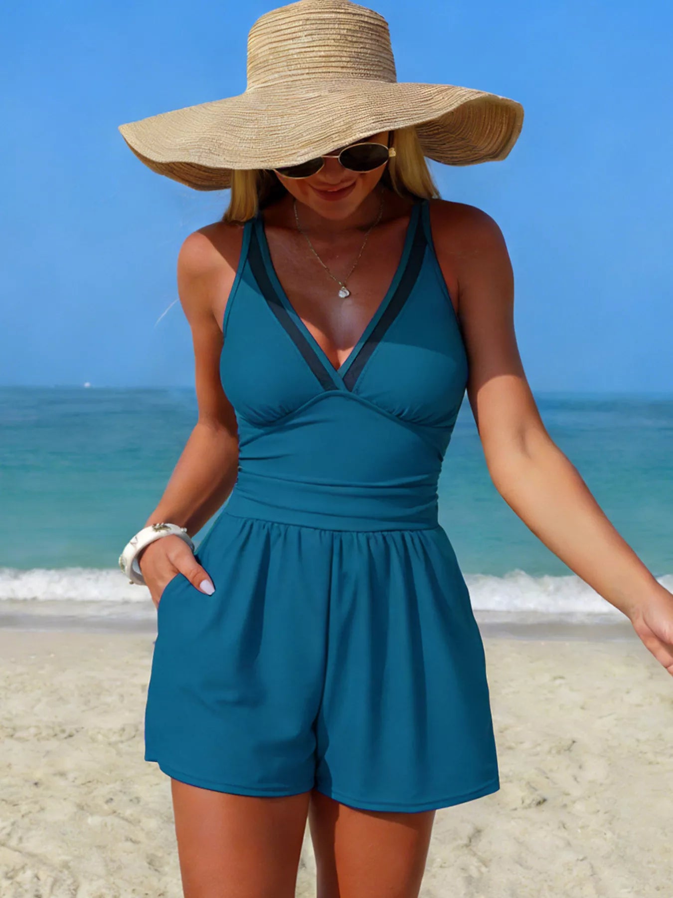 V-Neck One-Piece Swimsuit with Pockets in teal by Trendsi