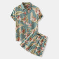 Men's plus-size printed button-up shirt and shorts set, teal leaf pattern.