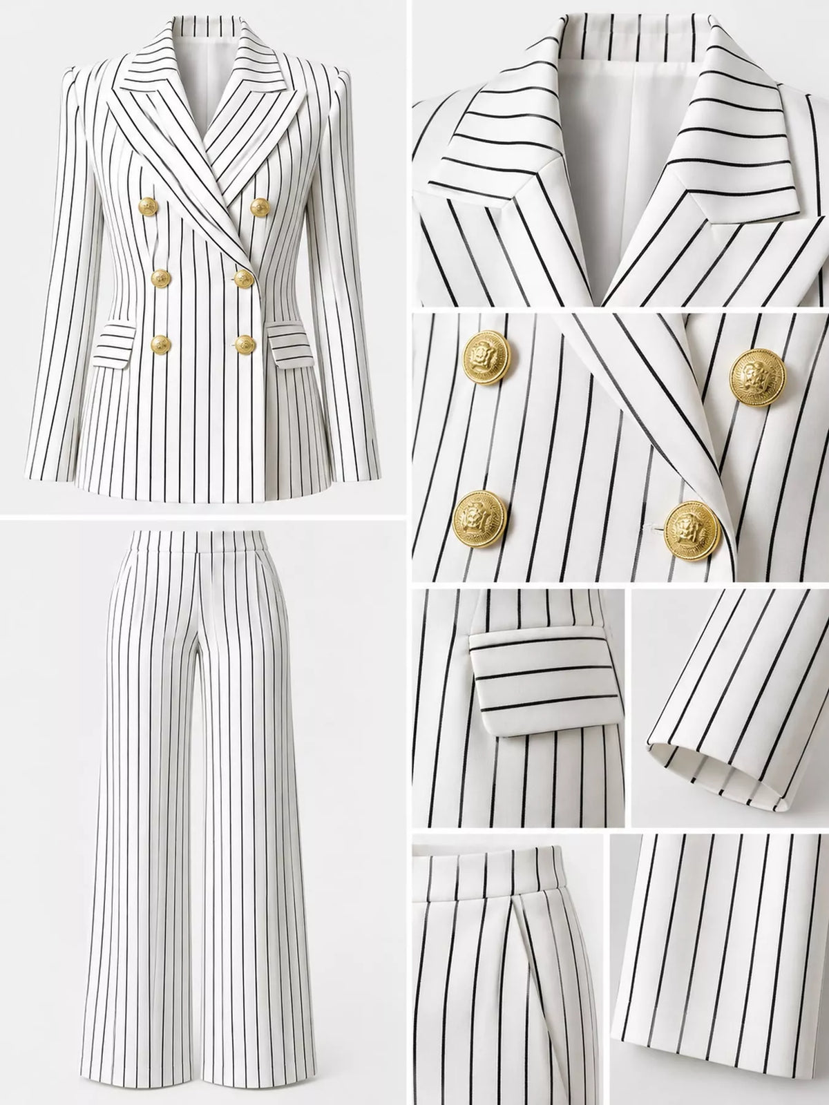 Pinstripe double-breasted blazer and wide-leg pants set, gold buttons on white/black stripes.