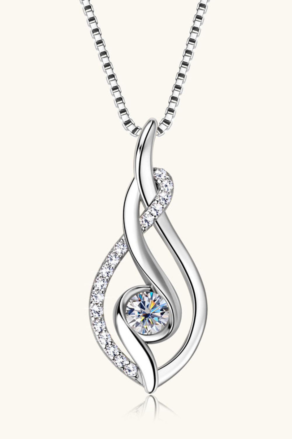 Silver moissanite necklace with double teardrop pendant and round center stone