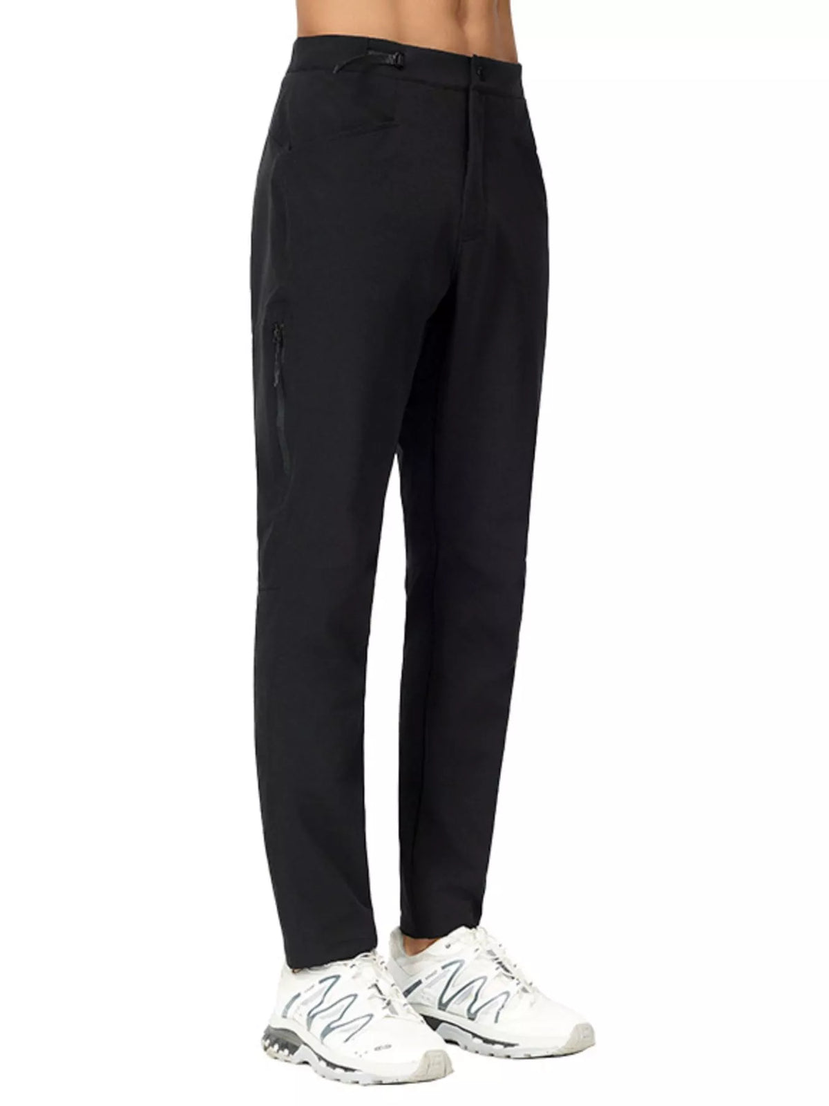 Men's slim-fit stretch casual pants in black, full-length side view with button closure