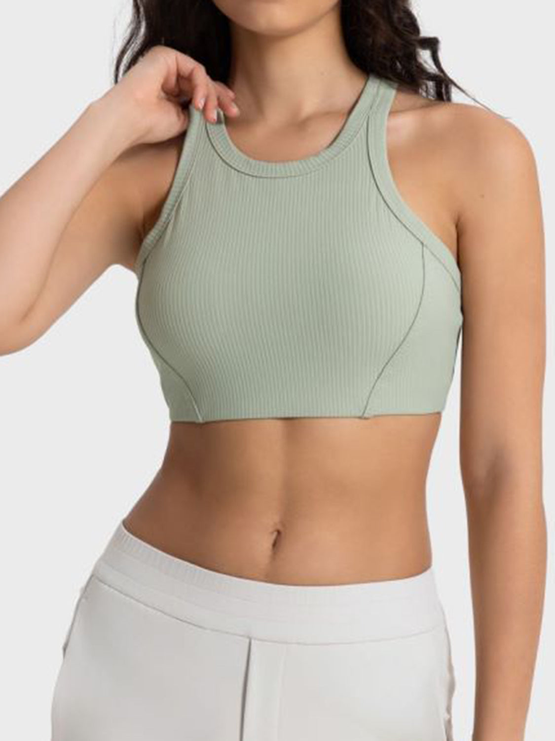 Sage cropped sport tank with wide straps and smooth ribbed fabric
