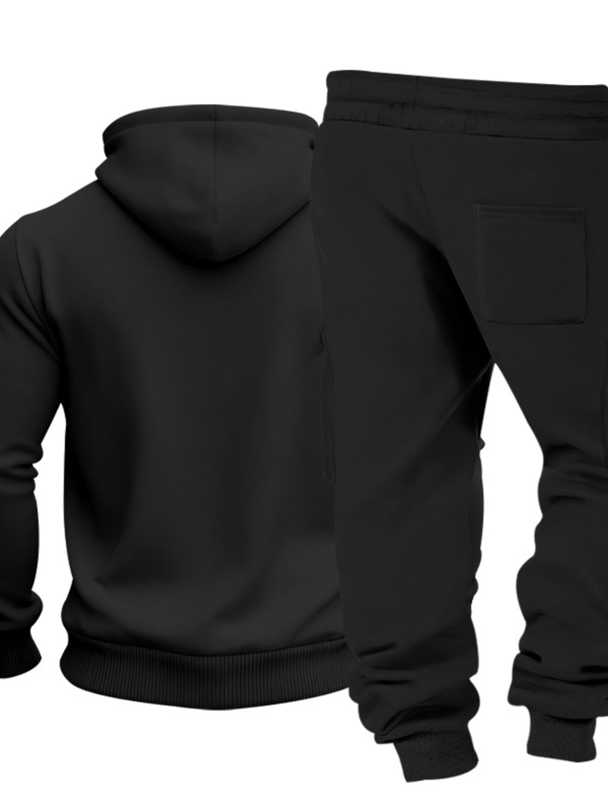 Black two-piece set back view: hooded kangaroo hoodie and matching sweatpants