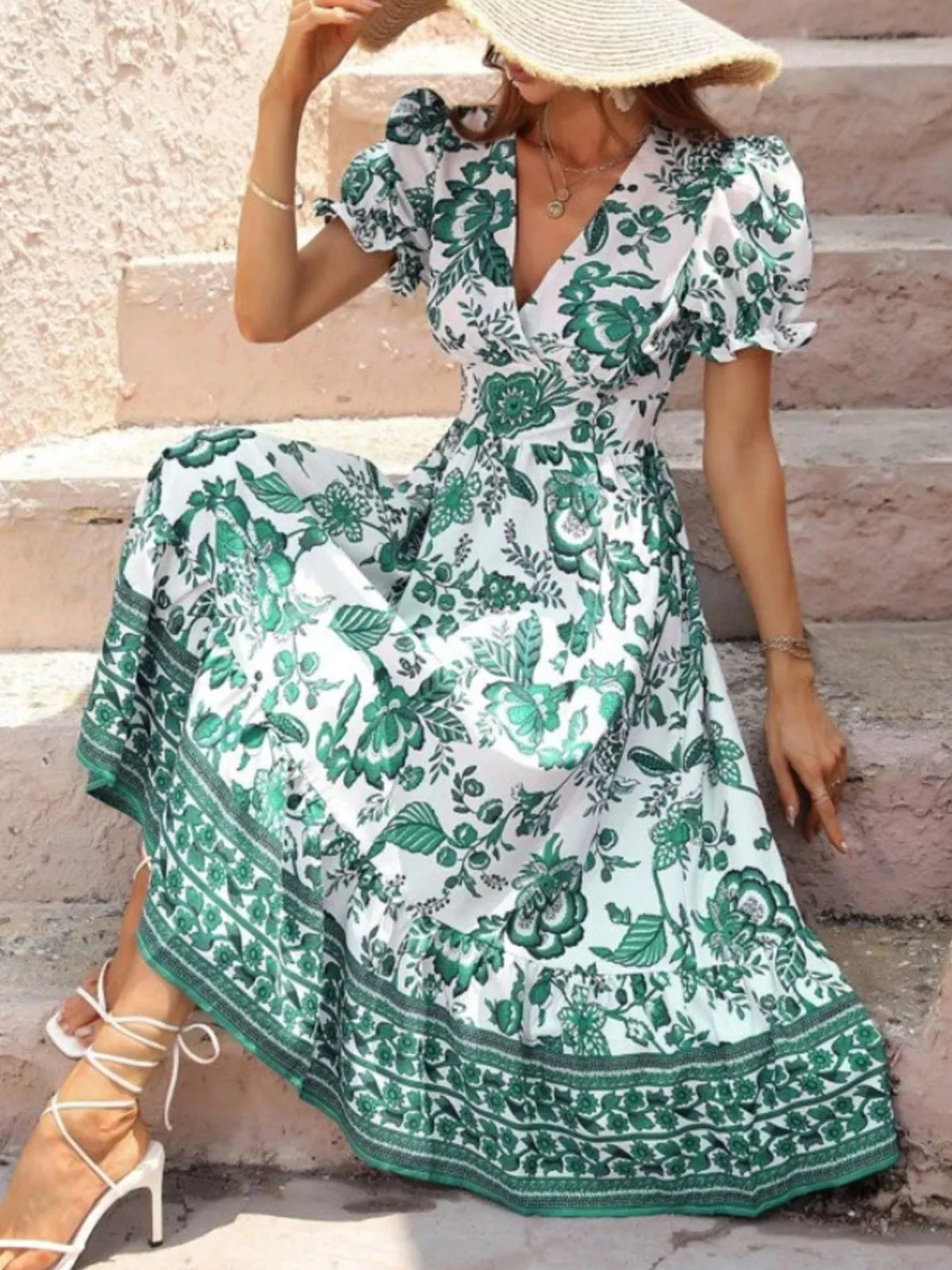 Green floral print puff sleeve midi dress with V-neck and tiered border hem