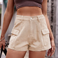 High-waist denim shorts with cargo pockets, light tan, button closure