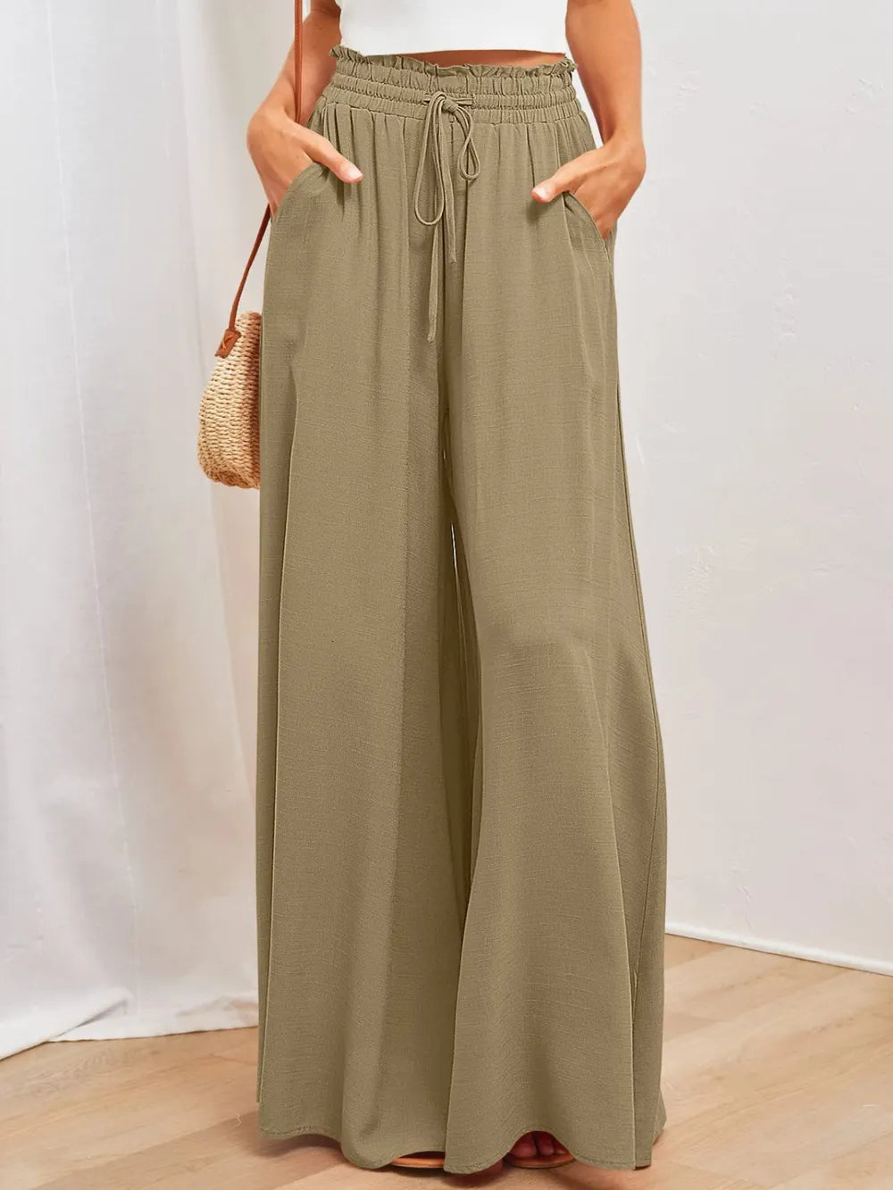 Taupe wide-leg pants with elastic drawstring waist and side pockets