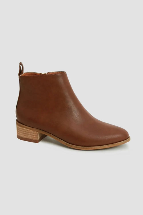 Brown leather block heel ankle boots with side pull tab