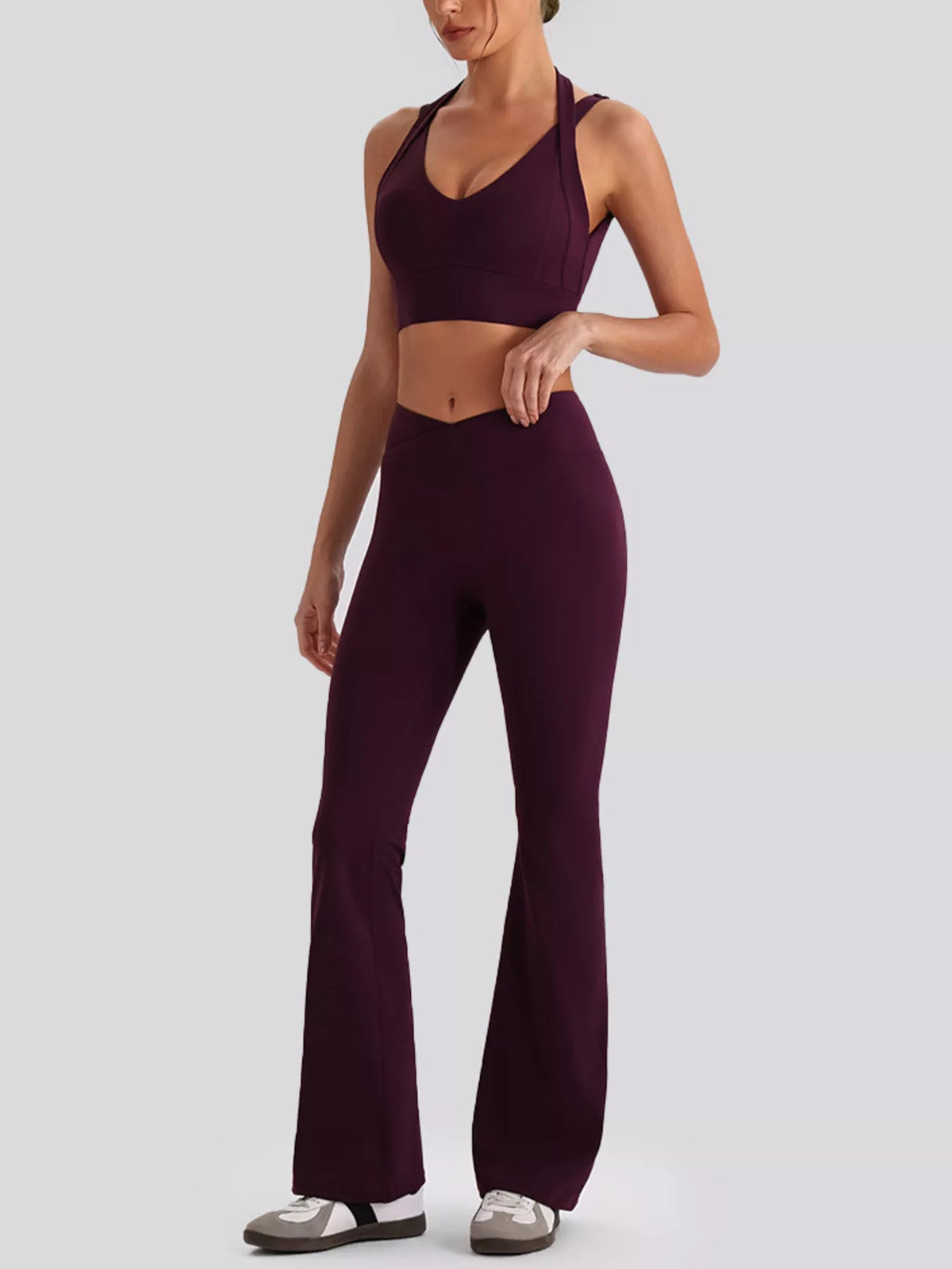 Plum purple seamless v-neck tank and flared leggings set, full body