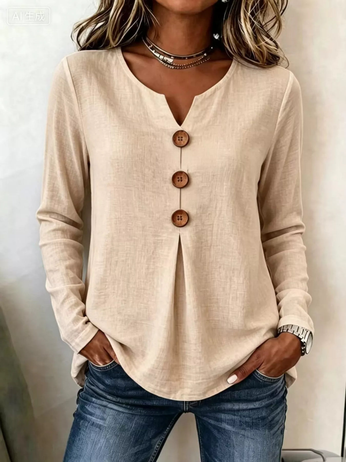 Beige long sleeve blouse with V-neck and decorative button front