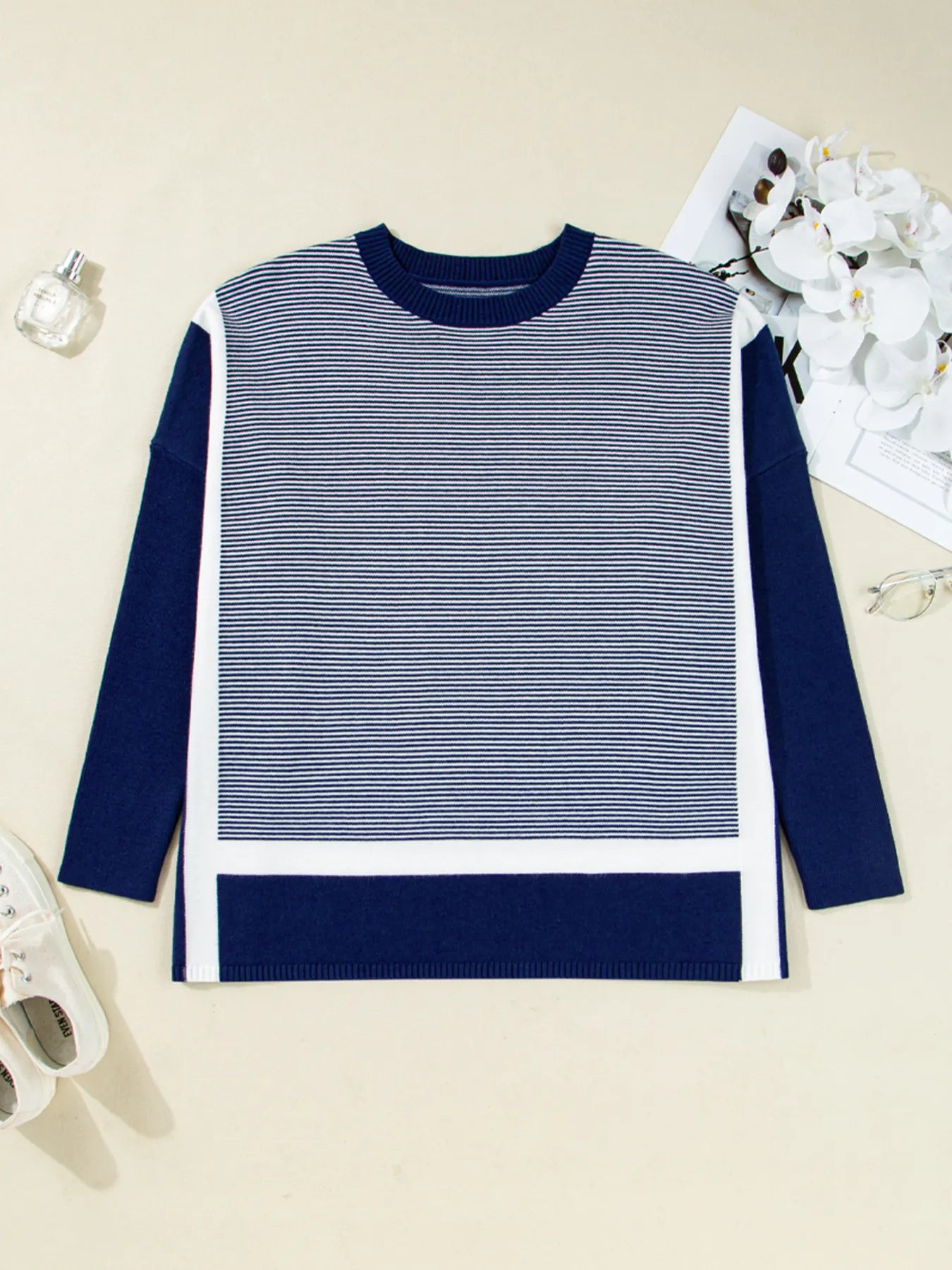 Navy and white striped oversize tunic sweater with ribbed crew neck and long sleeves