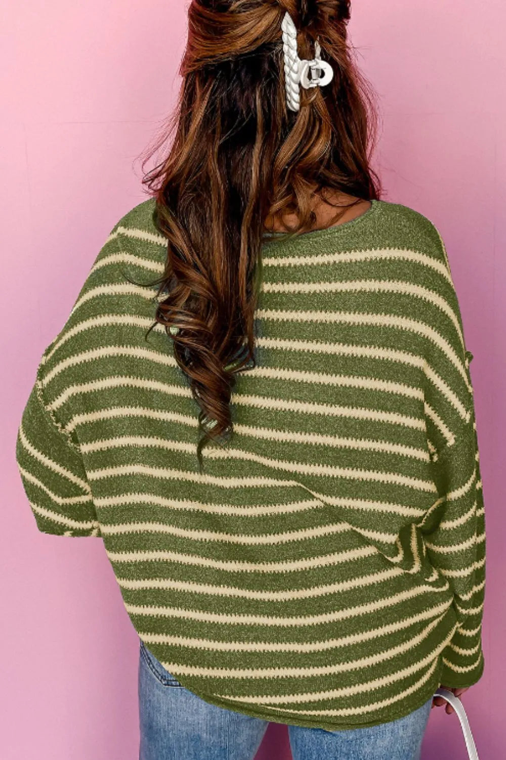 Striped dropped-shoulder sweater, moss green and cream horizontal stripes, back view