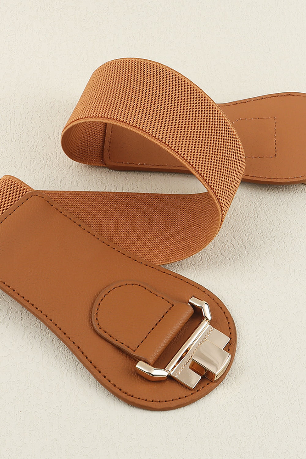 Caramel elastic belt with square alloy buckle and leather keeper strap