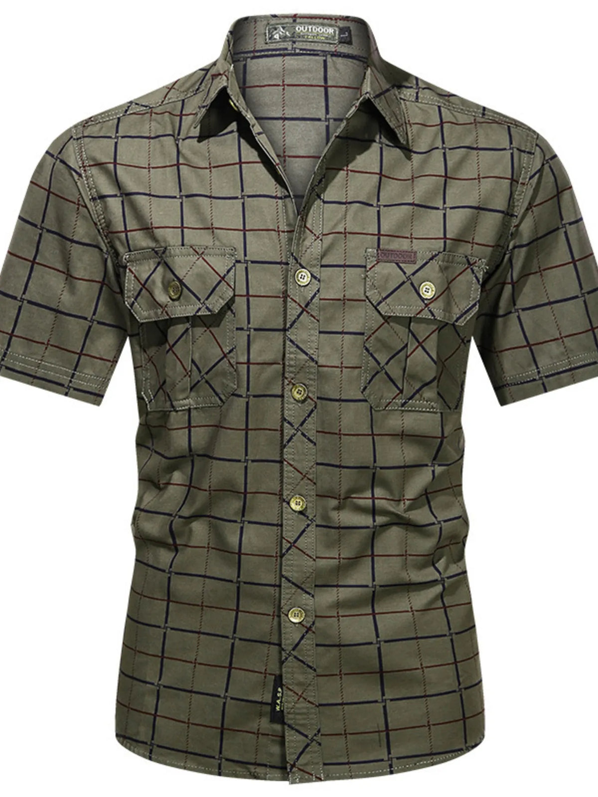 Men's army green plaid short-sleeve button-up shirt with chest flap pockets