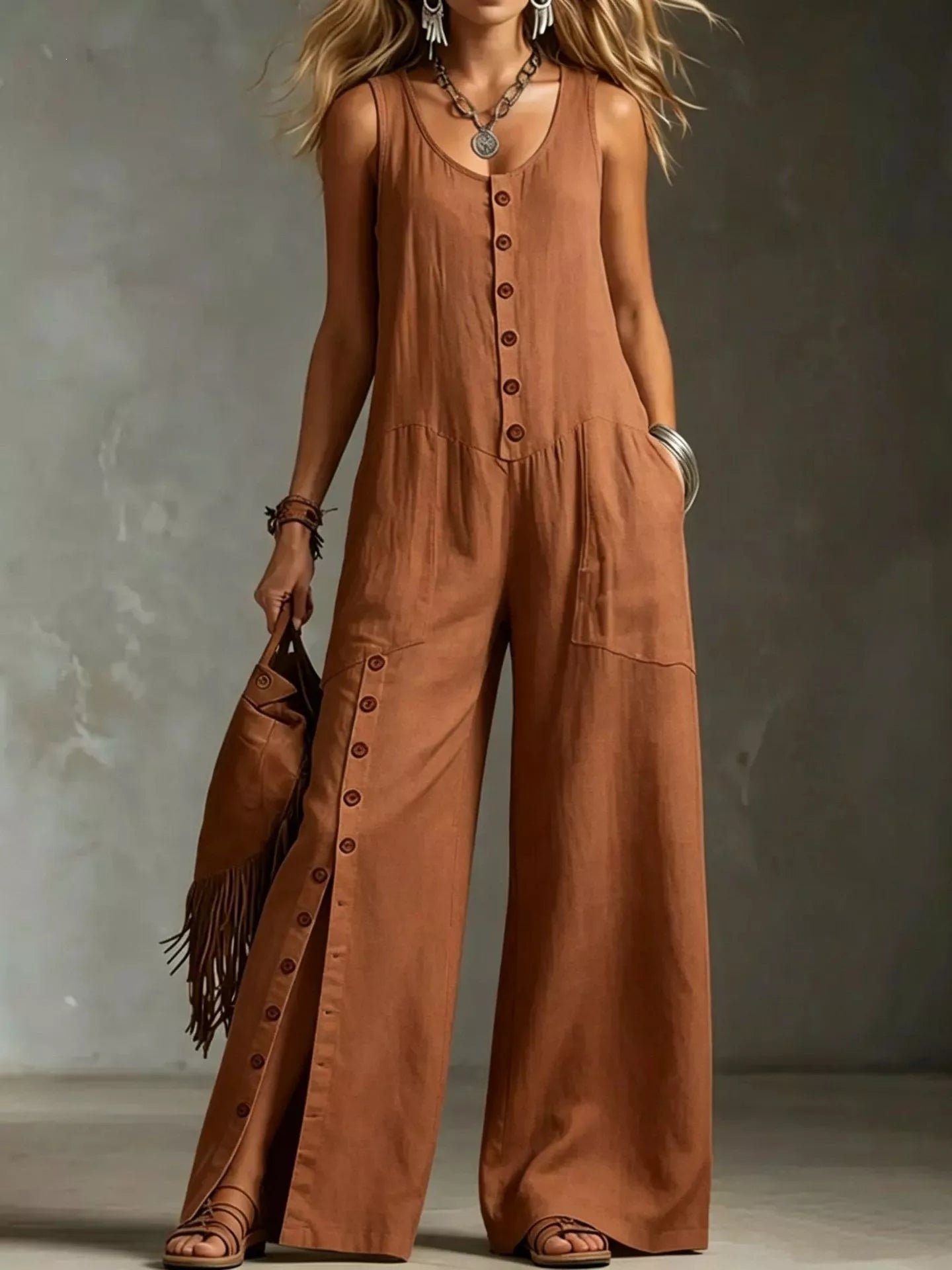 Caramel sleeveless button-front wide-leg jumpsuit with chest buttons and pockets